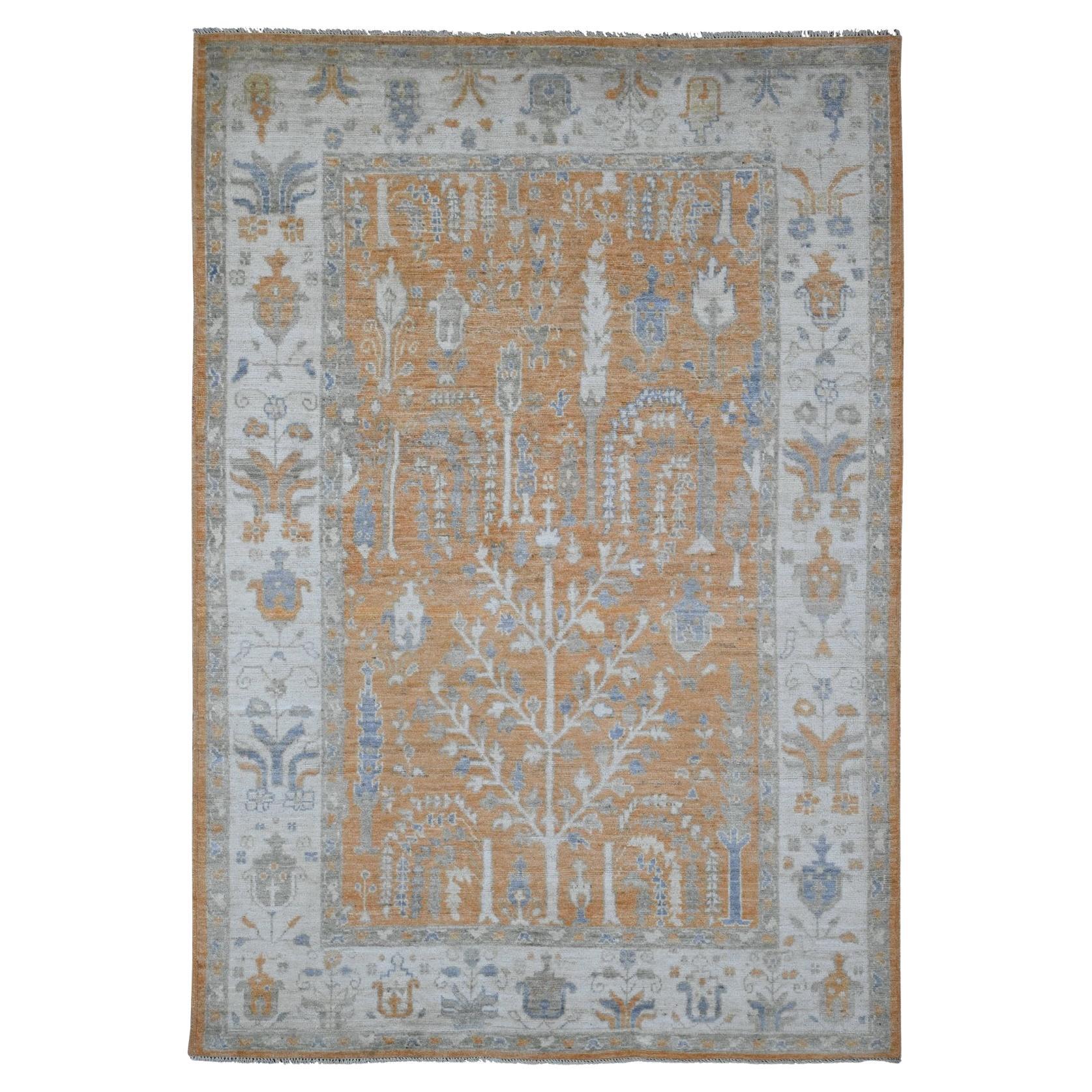 6'x8'7" Copper Brown Afghan Angora Oushak Tree Design Hand Knotted Wool Rug