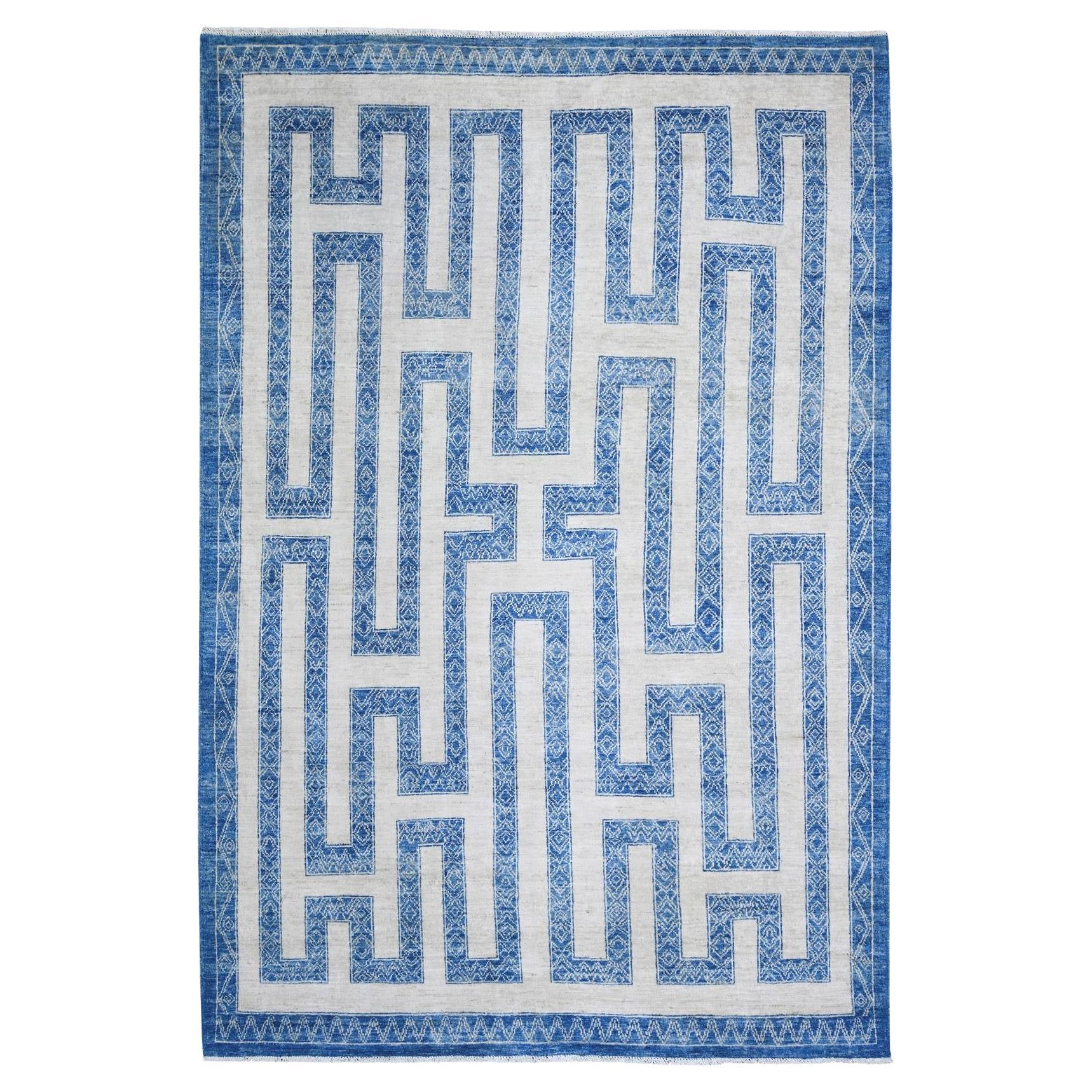 6'x8'7" Denim Blue, Pure Wool Hand Knotted, Finer Peshawar Oriental Rug