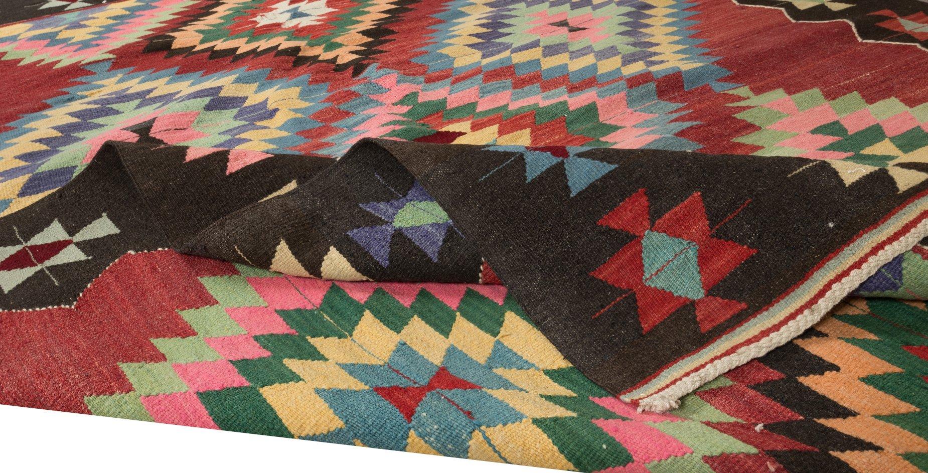 Hand-Woven 6x8.7 Ft Colorful HandWoven Vintage Turkish Wool Kilim Rug with Geometric Design For Sale
