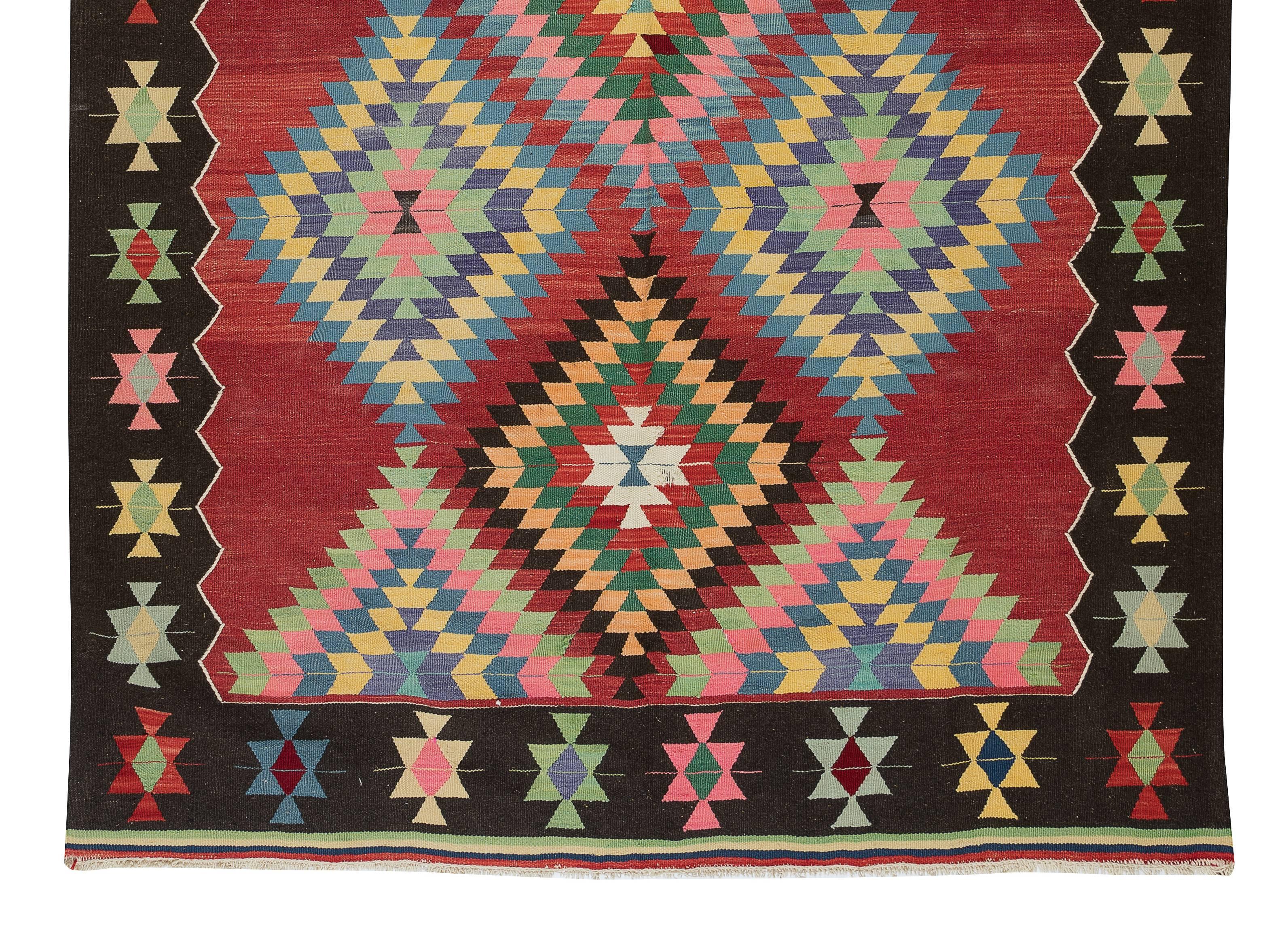 20th Century 6x8.7 Ft Colorful HandWoven Vintage Turkish Wool Kilim Rug with Geometric Design For Sale