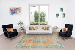 Tappeto decorativo vintage turco annodato a mano con disegno a medaglione