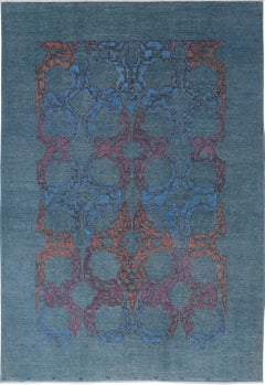6x8.7 ft Hand Knotted Blue Area Rug. Ornamental Pattern Carpet. 100% Wool