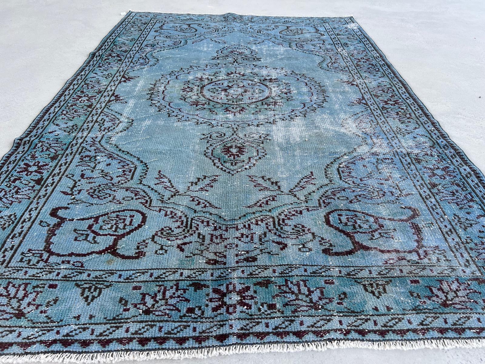 6x8.7 Ft Handmade Turkish Rug Over-Dyed in Light Blue, Contemporary Carpet For Sale 6