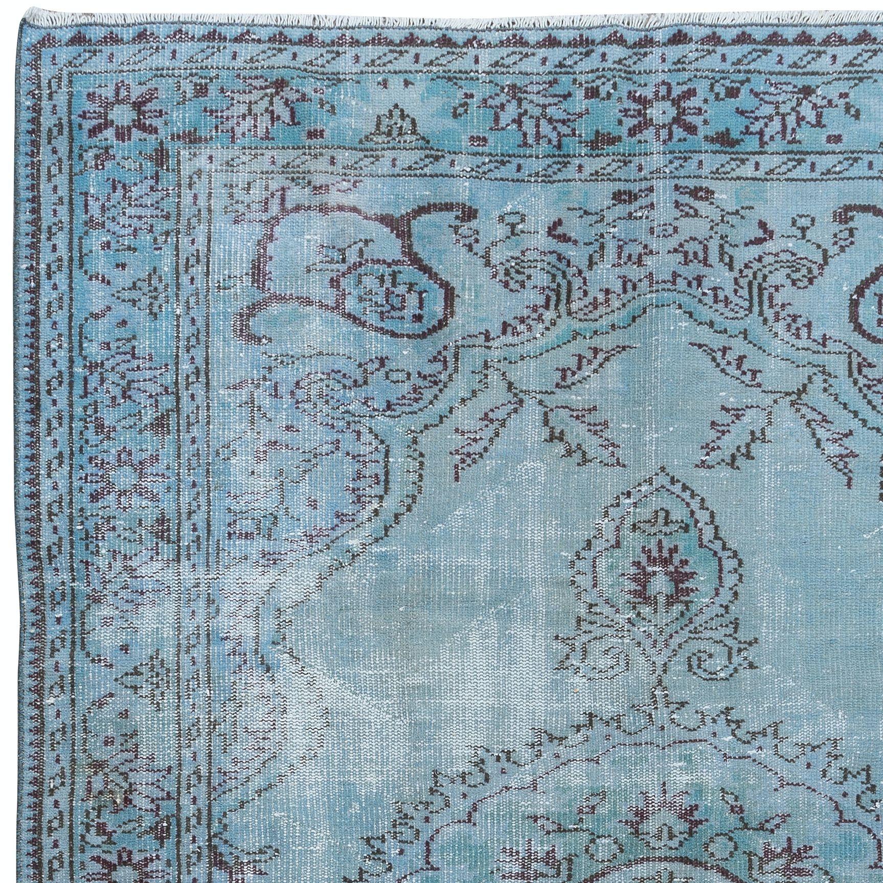 Hand-Knotted 6x8.7 Ft Handmade Turkish Rug Over-Dyed in Light Blue, Contemporary Carpet For Sale