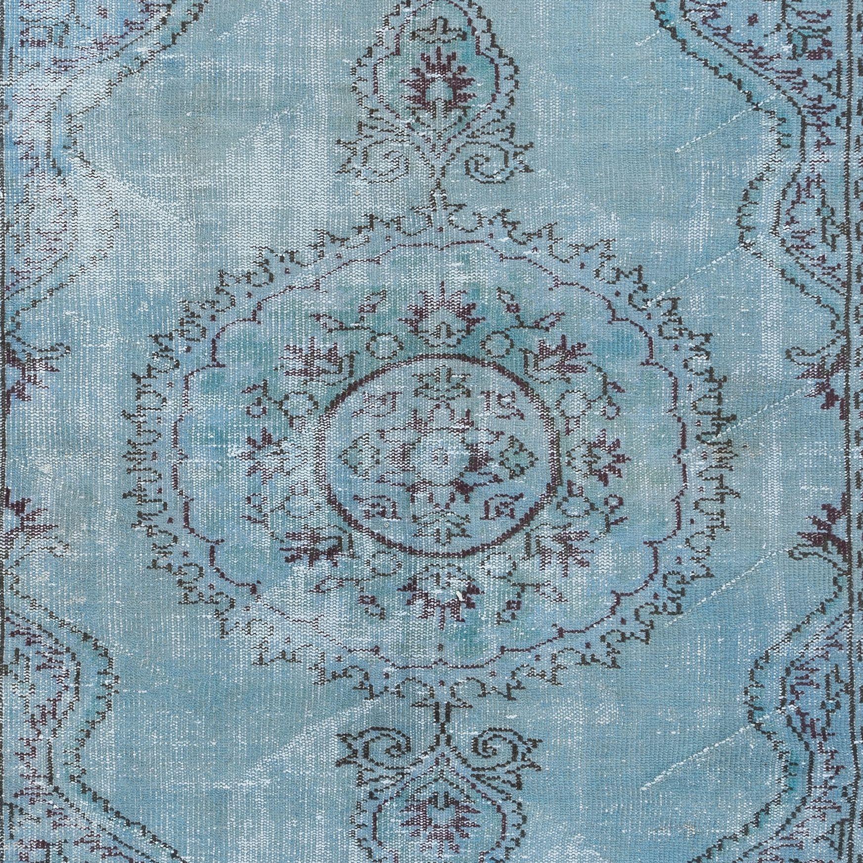 6x8.7 Ft Handmade Turkish Rug Over-Dyed in Light Blue, Contemporary Carpet In Good Condition For Sale In Philadelphia, PA