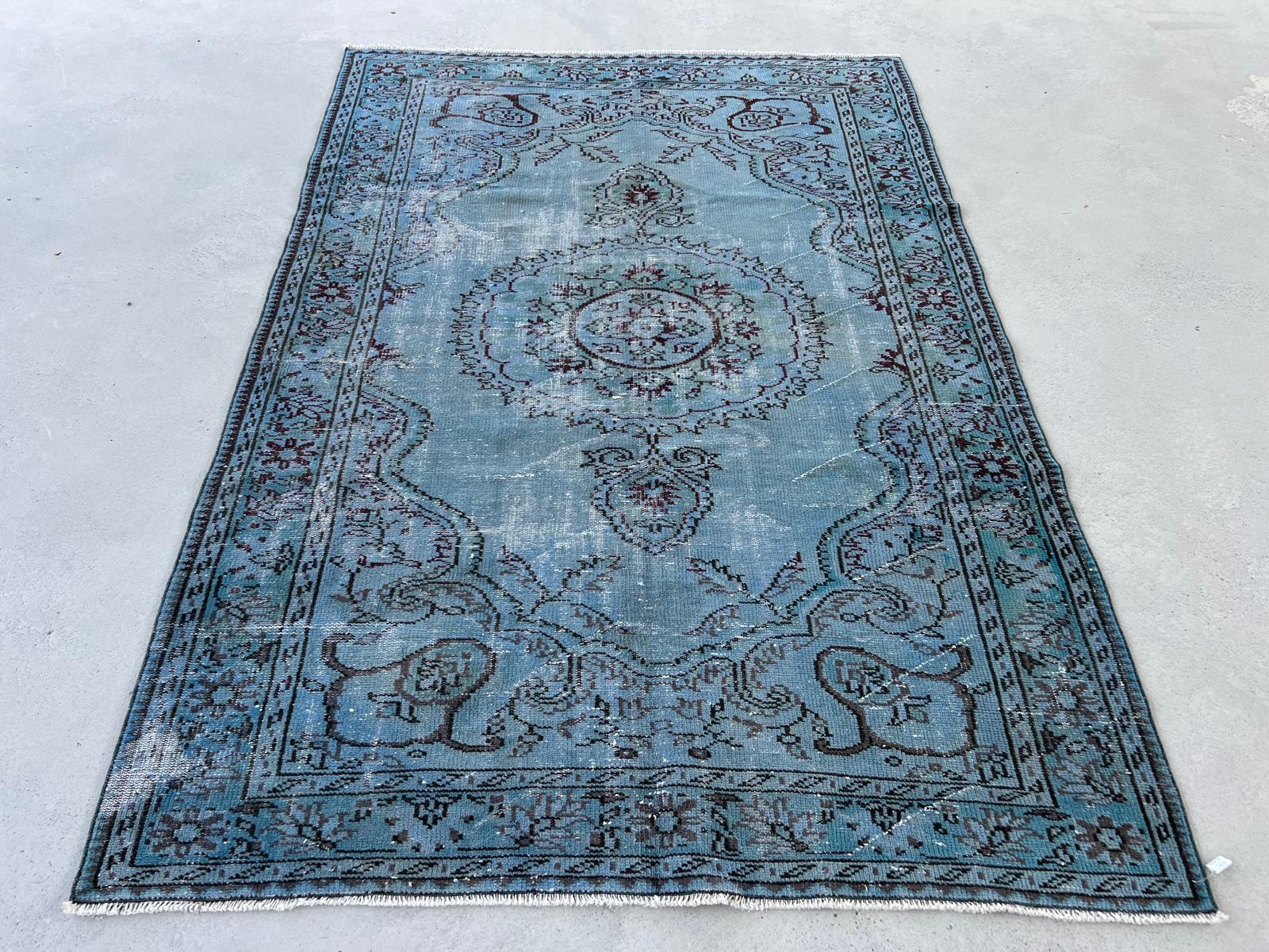 20th Century 6x8.7 Ft Handmade Turkish Rug Over-Dyed in Light Blue, Contemporary Carpet For Sale