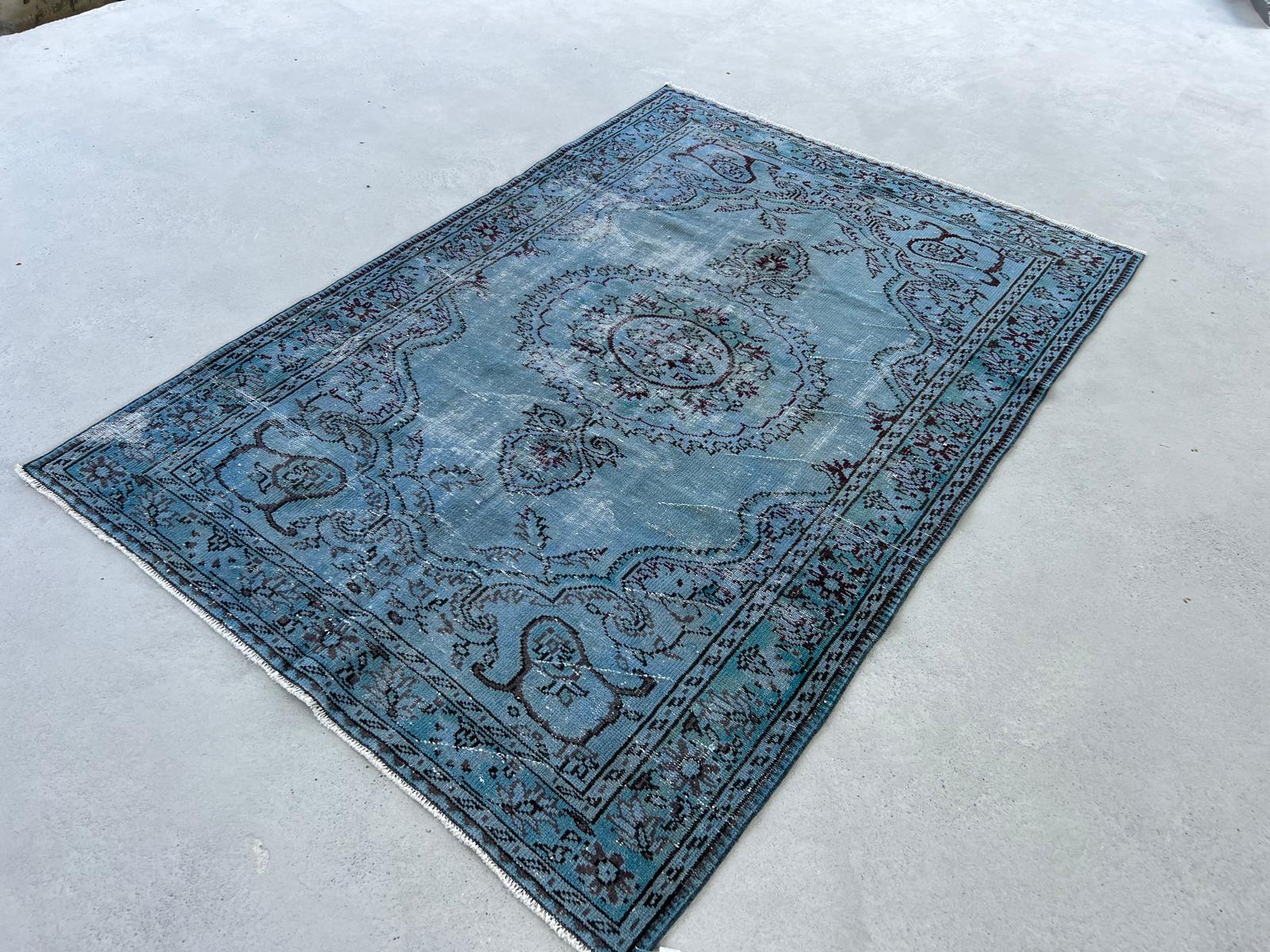 Wool 6x8.7 Ft Handmade Turkish Rug Over-Dyed in Light Blue, Contemporary Carpet For Sale