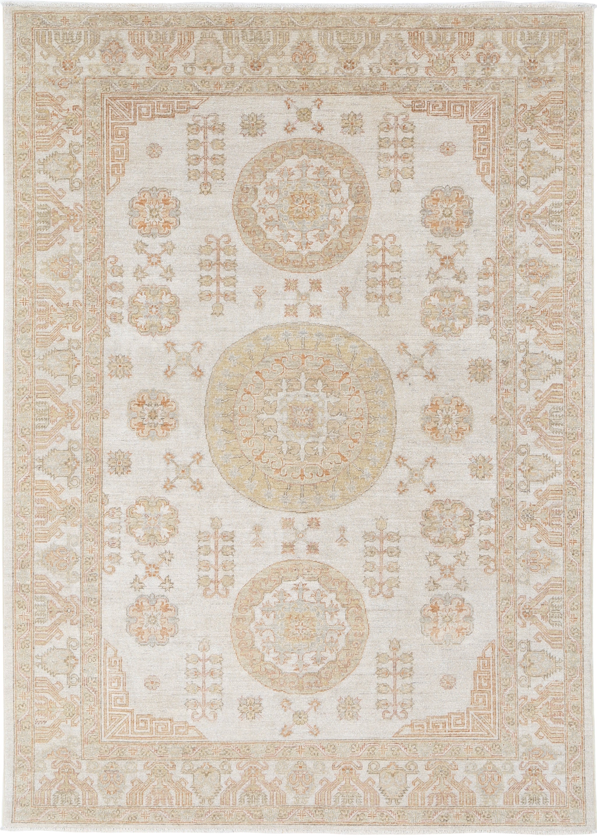 6x8.7 ft Traditional Handknotted Beige Area Rug with Geometric Medallion Design