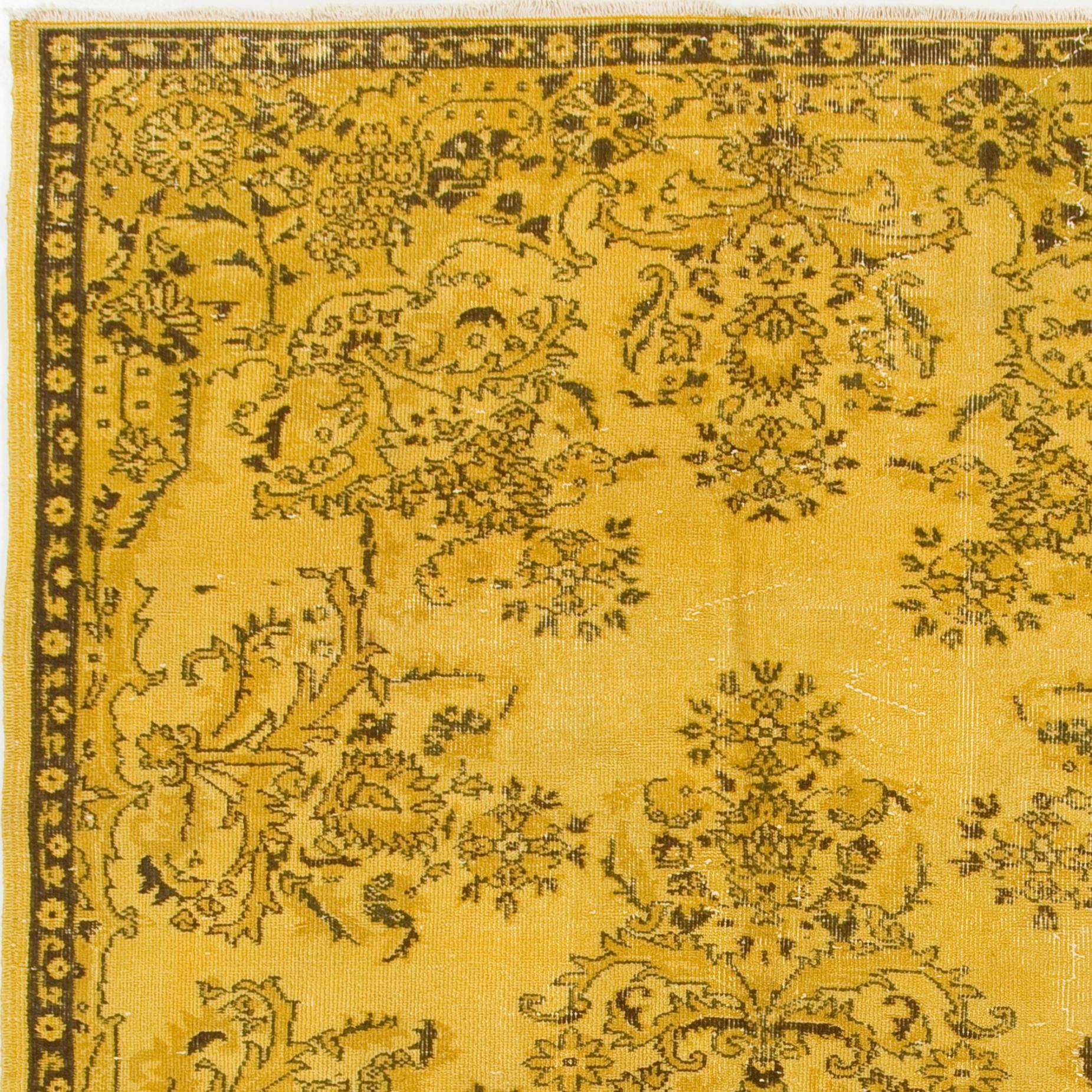 A vintage Turkish area rug re-dyed in yellow color for contemporary interiors. Size: 6 x 8.7 ft.
Finely hand knotted, low wool pile on cotton foundation. Professionally washed.
Sturdy and can be used on a high traffic area, suitable for both
