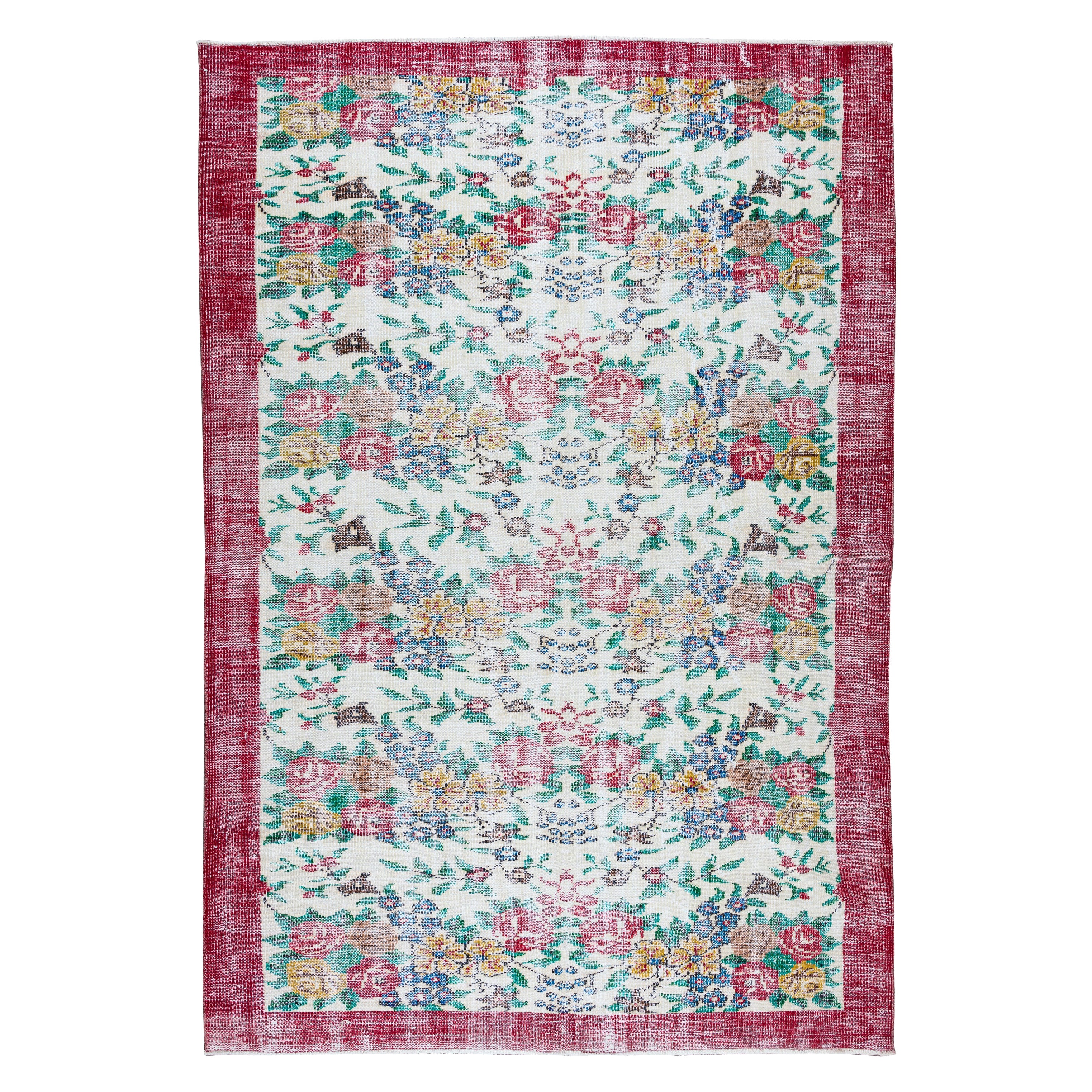 6x8.7 Ft Vintage Handmade Rose Patterned Turkish Wool Area Rug with Red Border For Sale