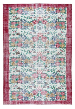 6x8.7 Ft Vintage Handmade Rose Patterned Turkish Wool Area Rug with Red Border