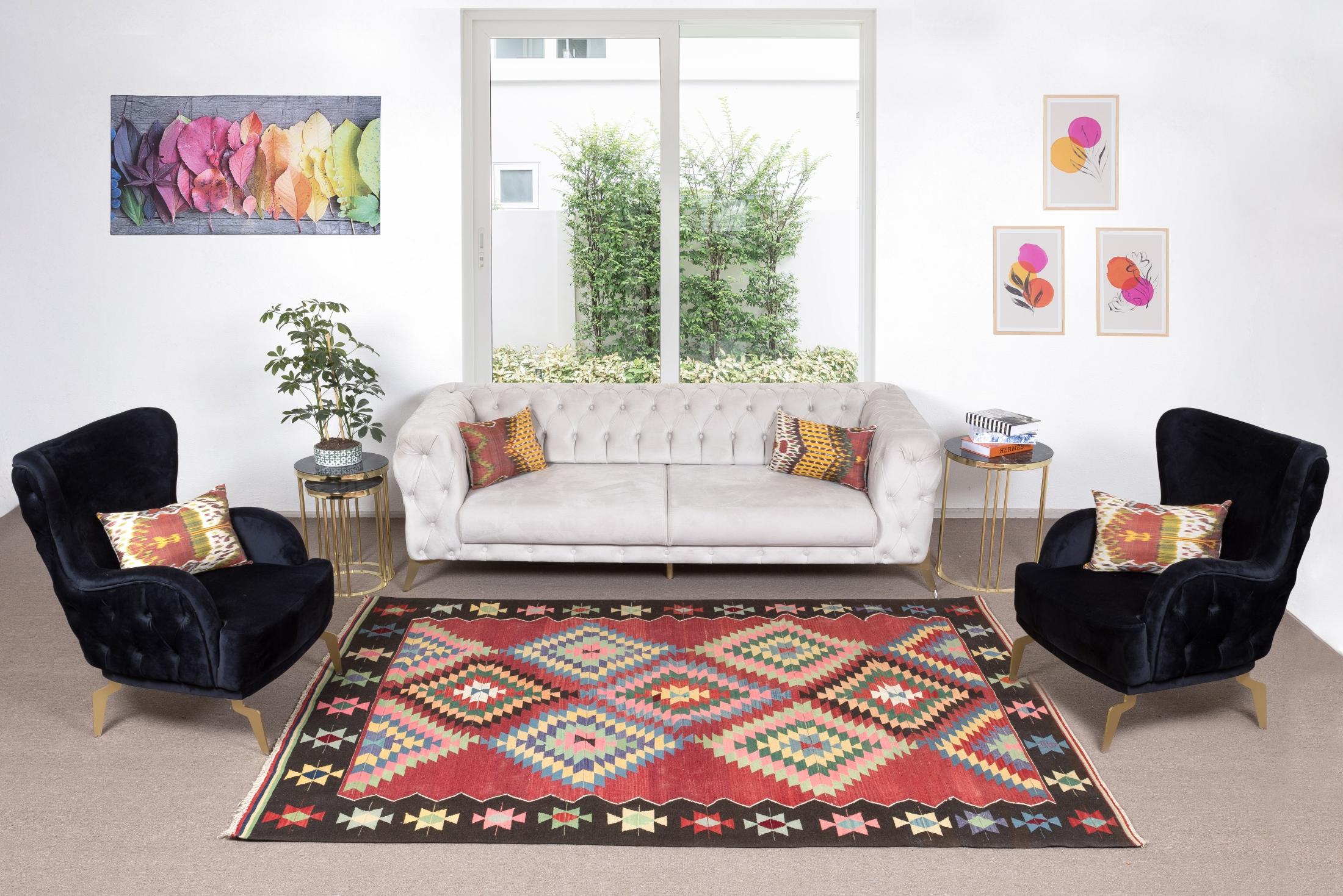 6x8.7 Ft Vintage Handgefertigter türkischer Kelim-Teppich aus Wolle in Rot mit geometrischem Design (20. Jahrhundert) im Angebot