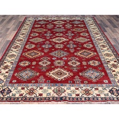 6'x8'8" Fire Brick Red Pure Wool Tribal Super Kazak Hand Knotted Oriental Rug
