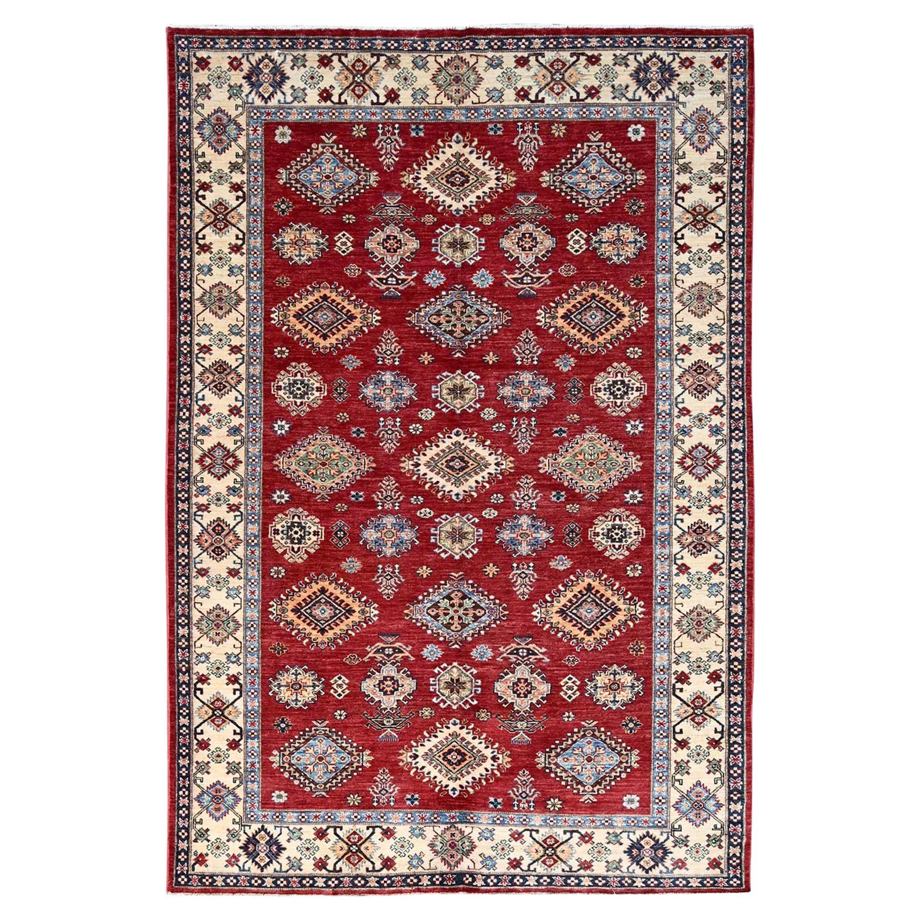 6'x8'8" Fire Brick Red Pure Wool Tribal Super Kazak Hand Knotted Oriental Rug