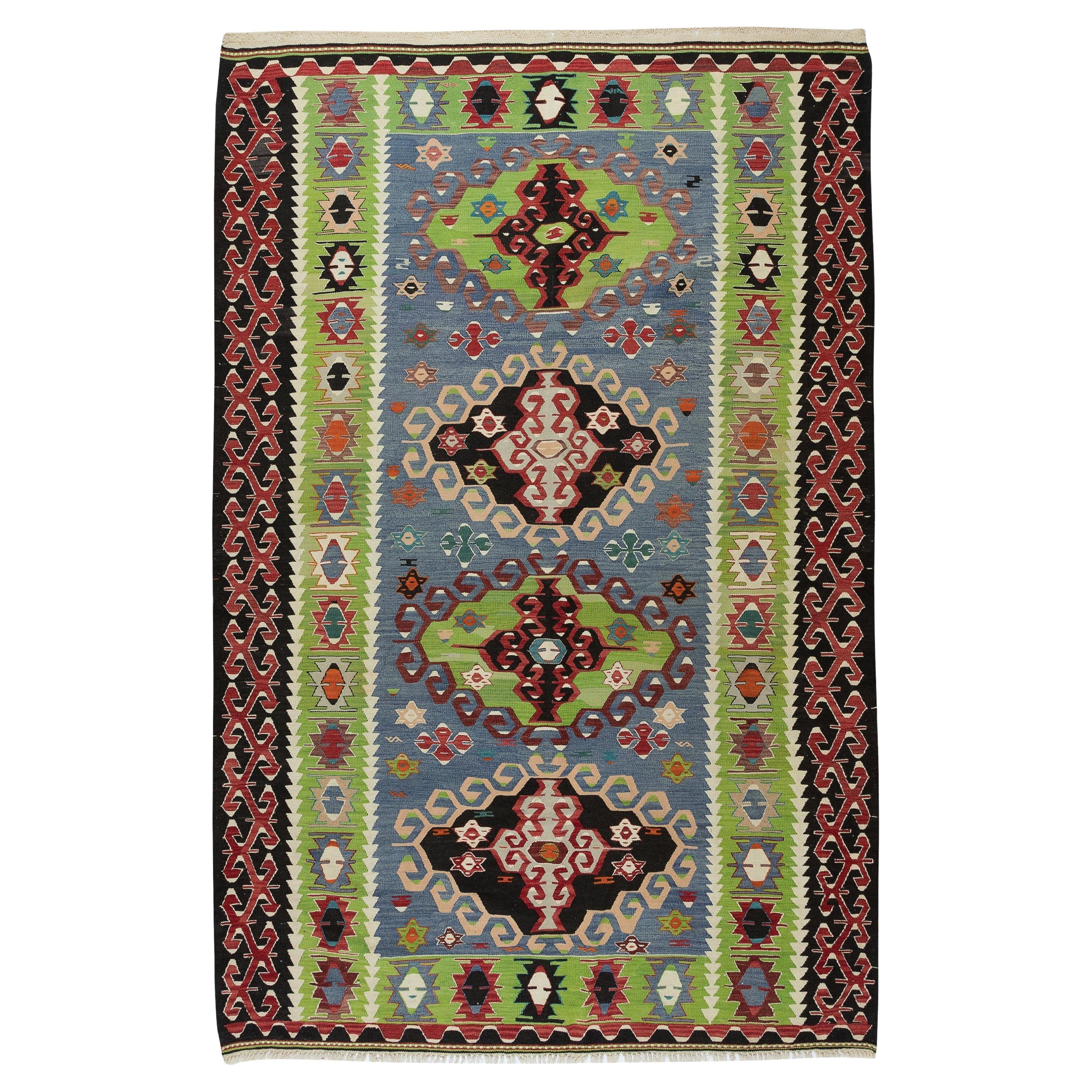 6x8.8 Ft Colorful Vintage Handmade Turkish Kilim Rug, Flat-Weave Floor Covering For Sale