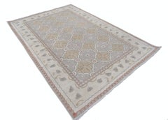 6x8.8 ft Hand Knotted Ivory, Blush, Light Blue Area Rug with Geometric Design