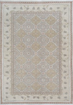 6x8.8 ft Hand Knotted Ivory, Blush, Light Blue Area Rug with Geometric Design