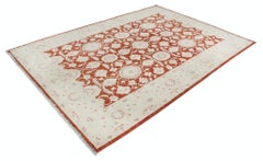 6x8.8 ft Hand Knotted Red and Ivory Wool Area Rug. Turkish Floral Design Carpet
