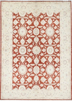 6x8.8 ft Hand Knotted Red and Ivory Wool Area Rug. Turkish Floral Design Carpet