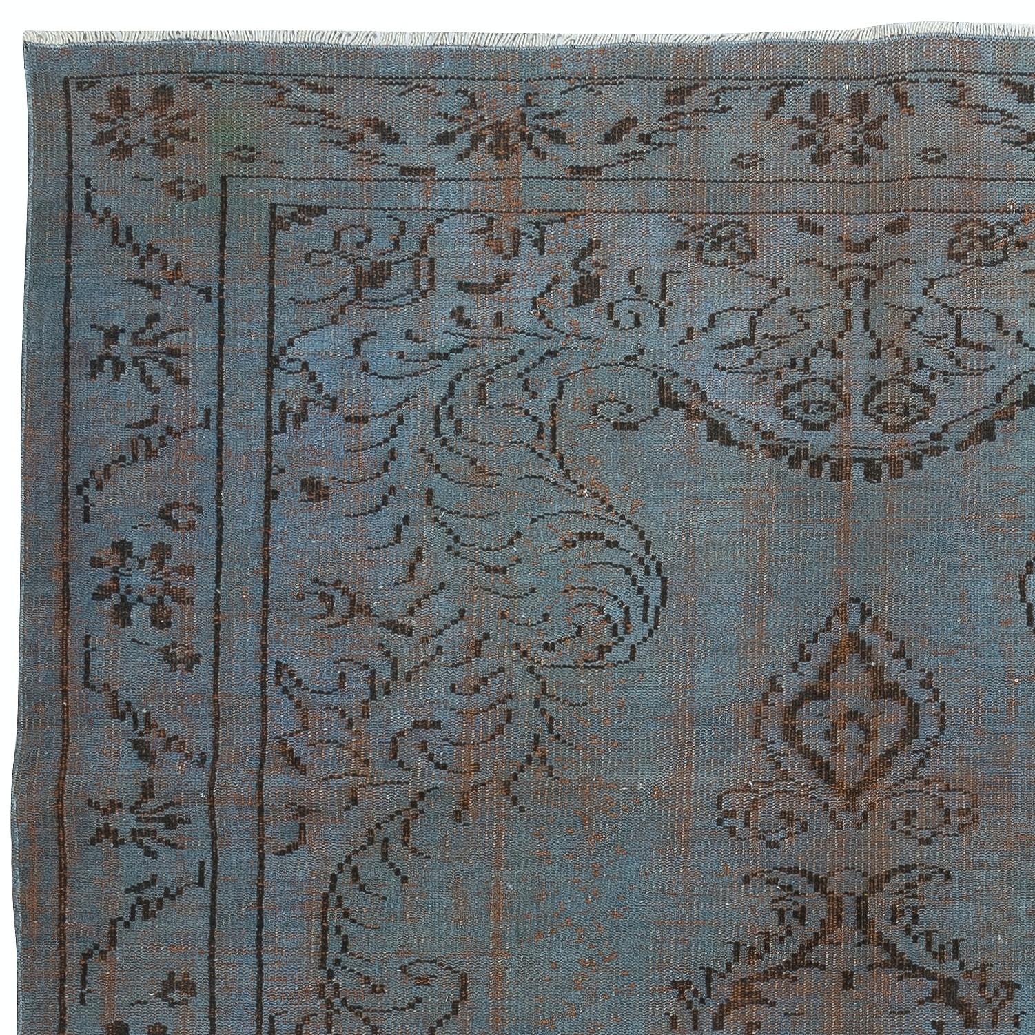 Turkish 6x8.8 Ft Vintage Handmade Area Rug redyed in Blue Color for modern interiors For Sale