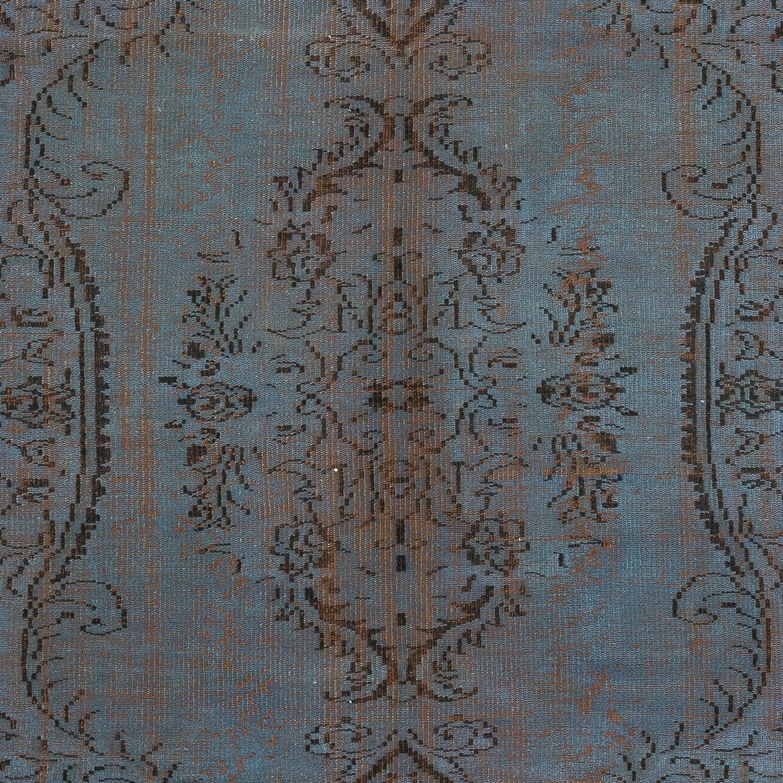 Hand-Knotted 6x8.8 Ft Vintage Handmade Area Rug redyed in Blue Color for modern interiors For Sale