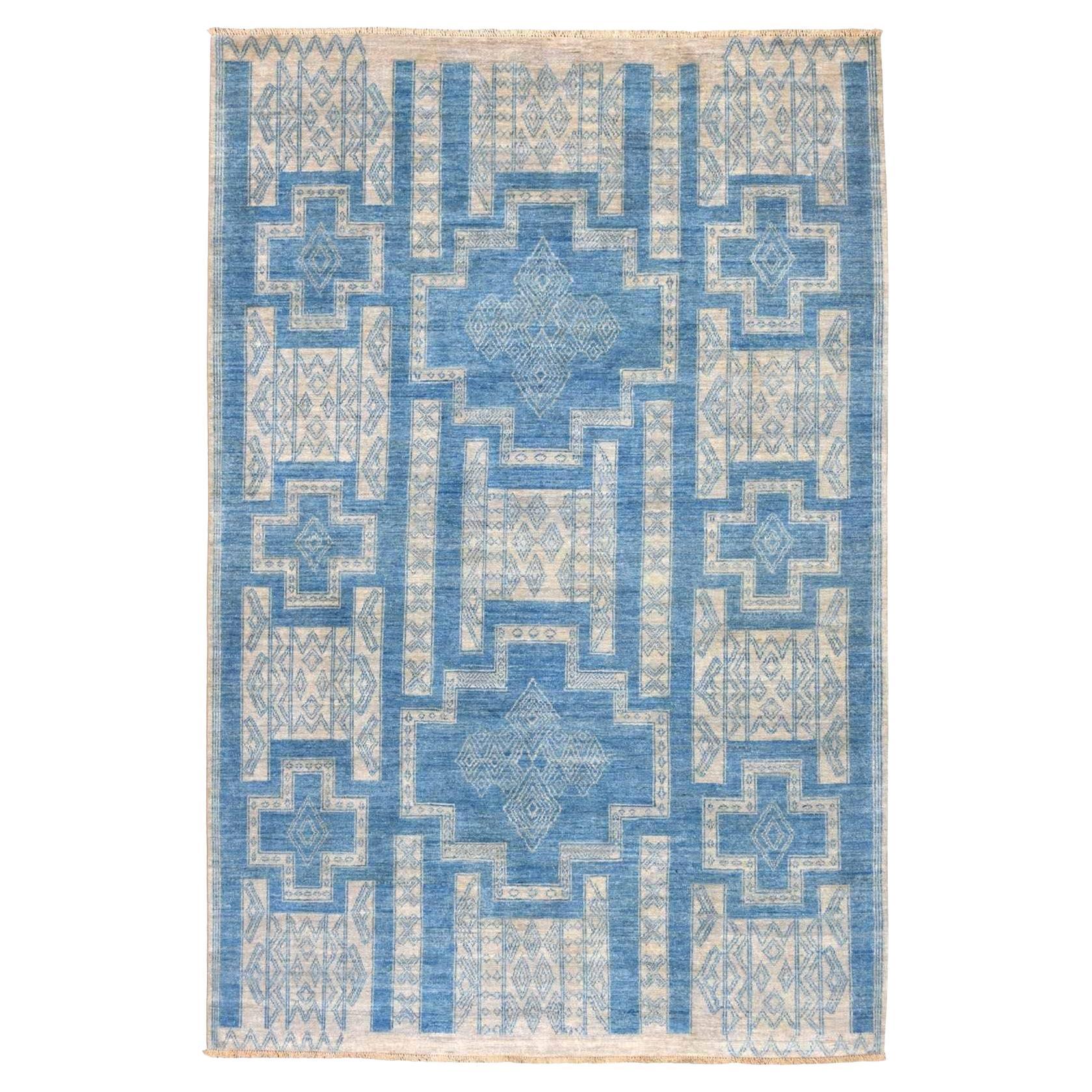 6
x8
9" Blue Hand Knotted Pure Wool Fine Peshawar Oriental Rug For Sale