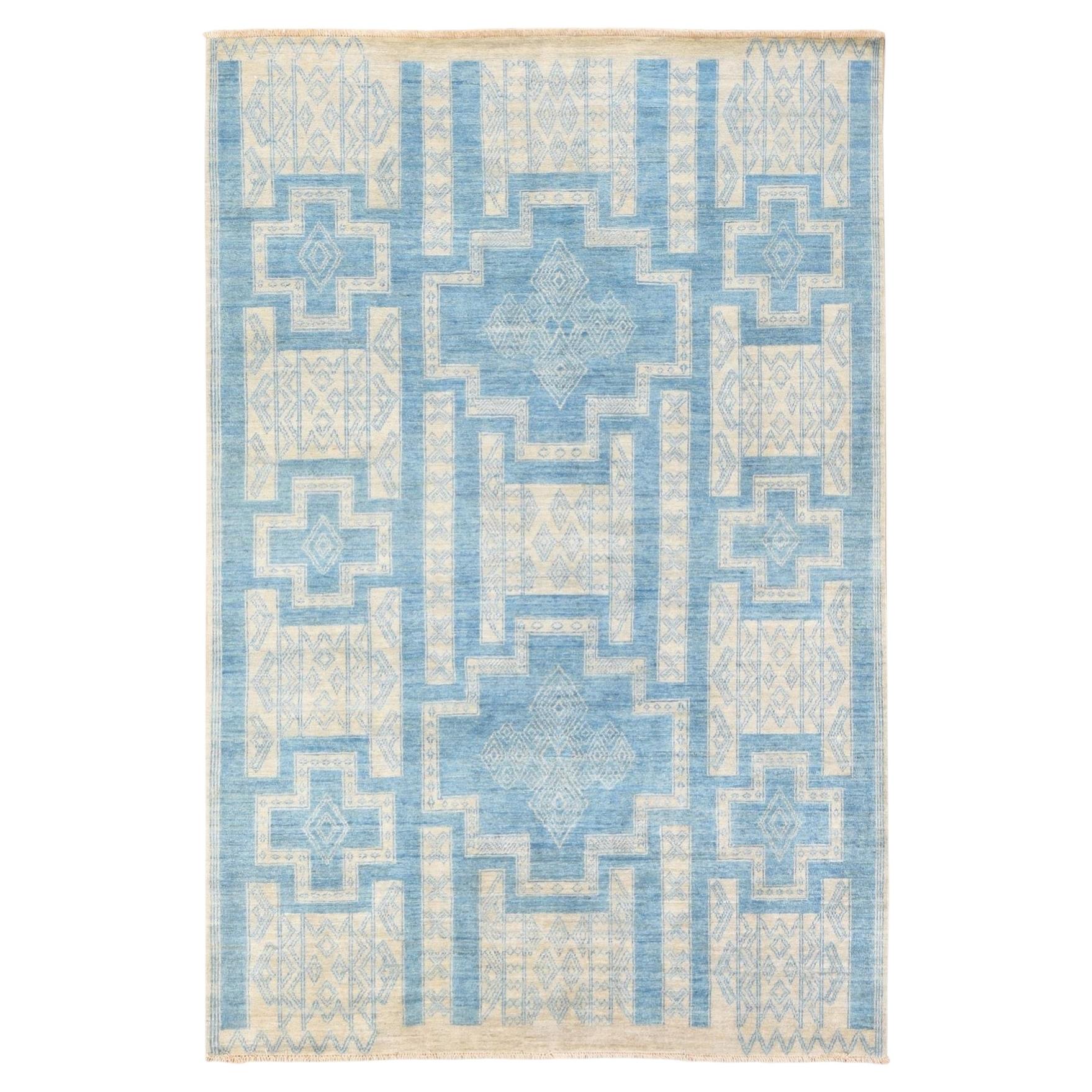 Alfombra oriental de lana tejida a mano «Peshawar azul» con diseño geométrico, de 6'x8'9" en venta