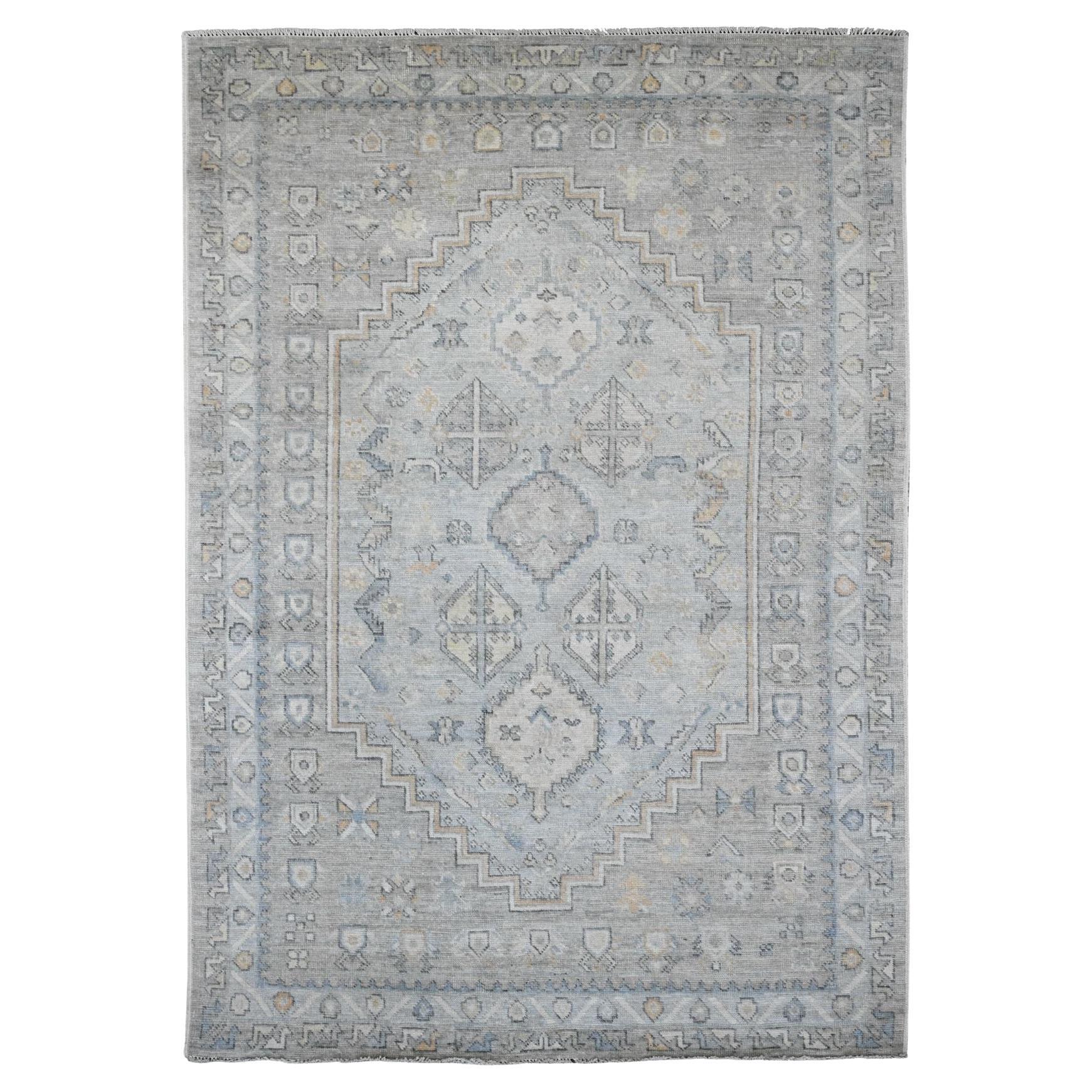 6'x8'9" Gray Anatolian Village Inspired Geometric Design Hand Knotted Wool Rug