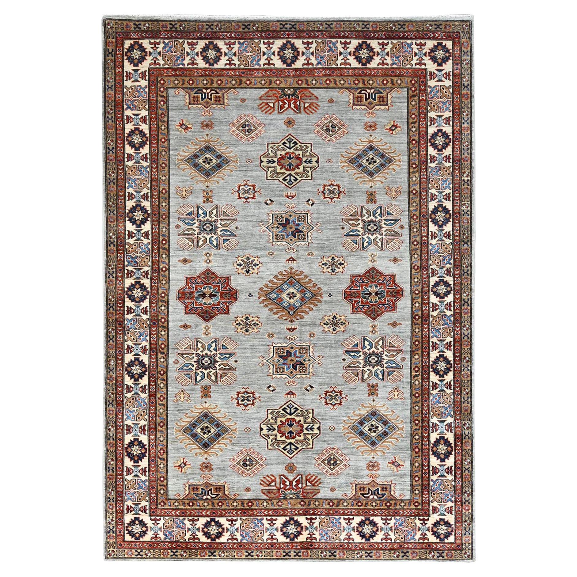 6'x8'9" Gris Laine nouée à la main Super Kazak Motifs géométriques Tapis d'Orient