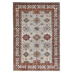 6'x8'9" Gris Laine nouée à la main Super Kazak Motifs géométriques Tapis d'Orient