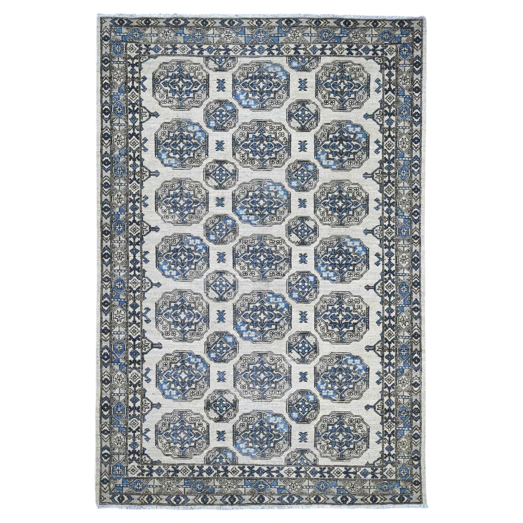 6'x8'9" Ivory Afghan Ersari with Elephant Feet Design Hand Knotted Wool Rug