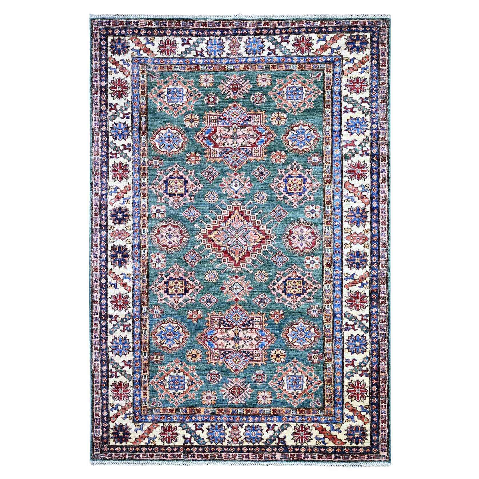 6'x8'9" Myrtle Green 100% Wool Afghan Super Kazak Hand Knotted Oriental Rug