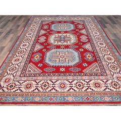 6'x8'9" Toreador Red Hand Knotted Wool Kazak Large Elements Oriental Rug