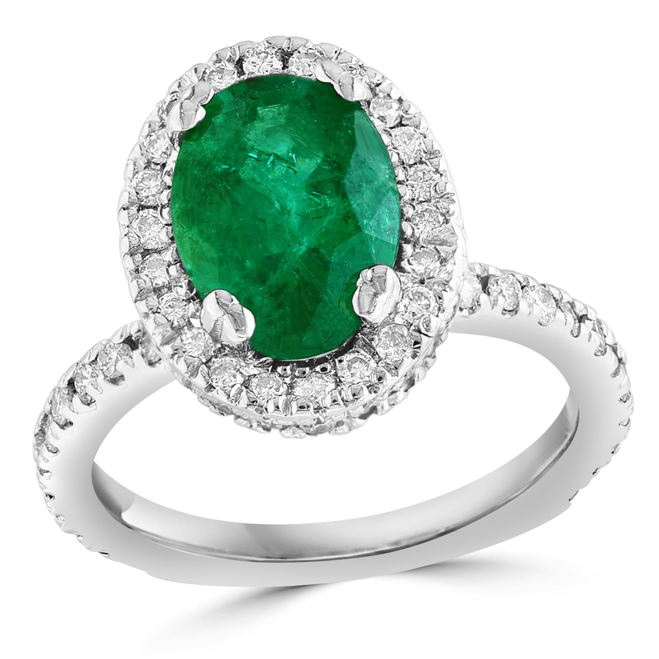6x8mm Oval Cut Natural Emerald & 1 Ct Natural Diamond Halo Engagement Ring  For Sale 4