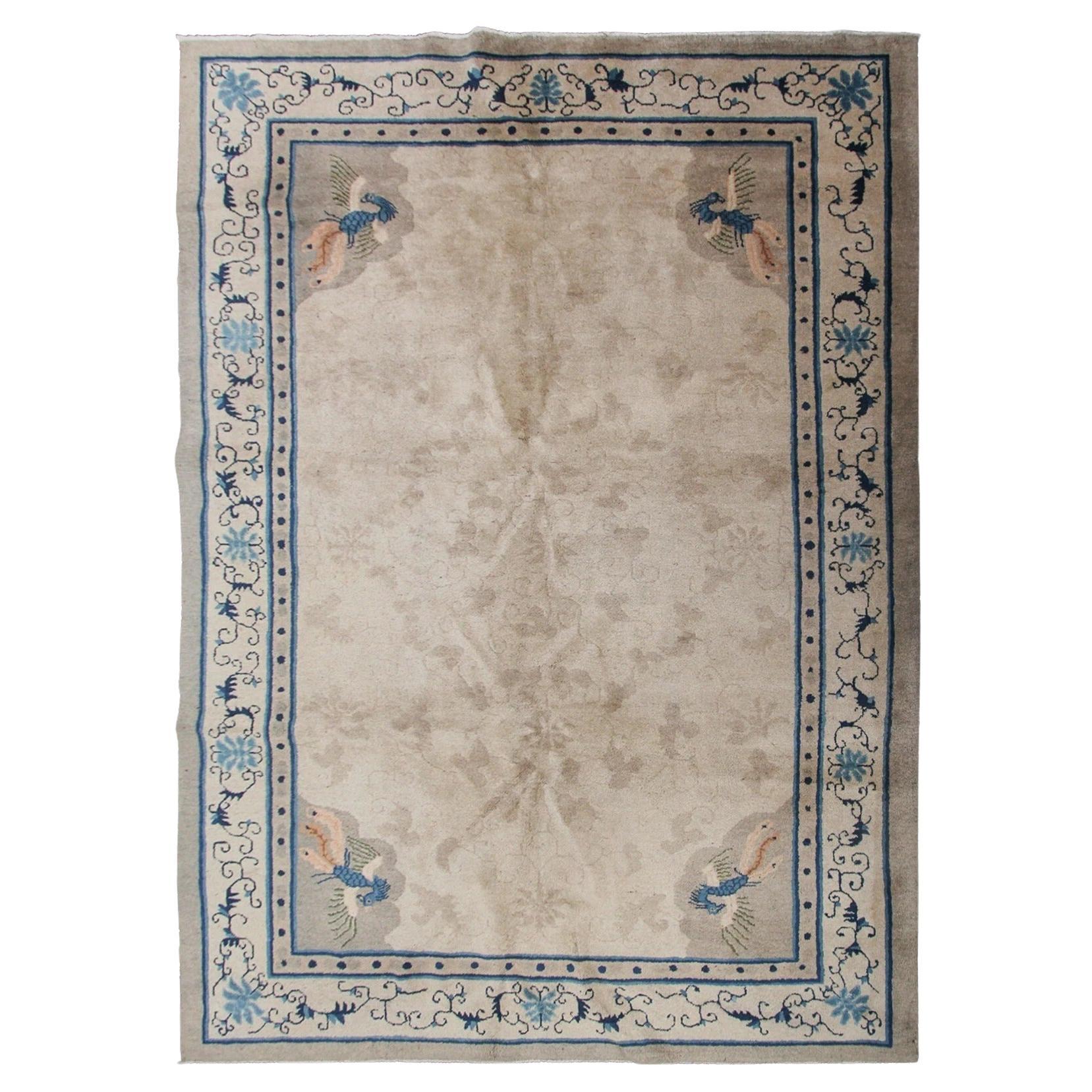 6x9 Alfombra china antigua de Pekín Pavo real Beige Alfombra antigua Art Decó c.1900 en venta