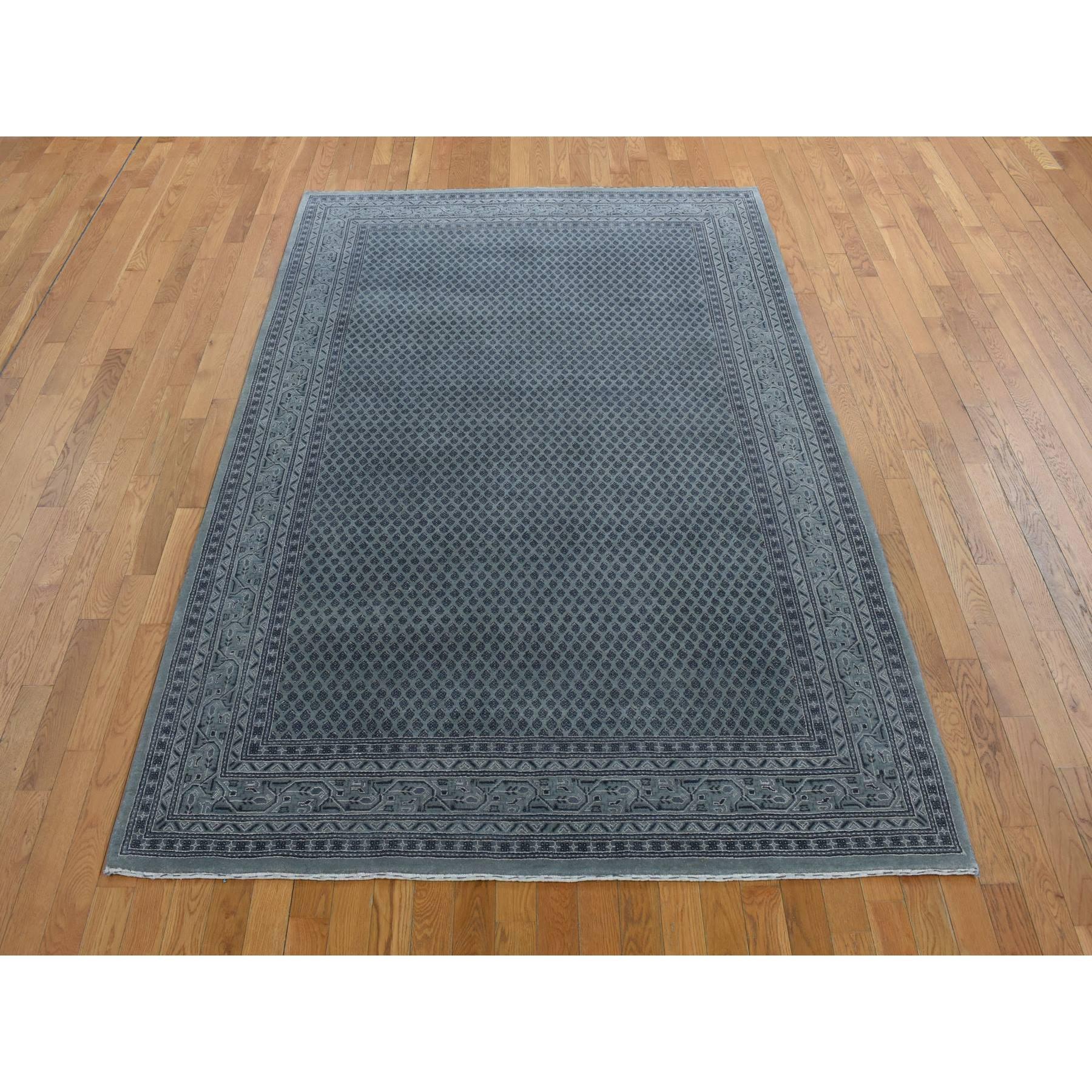 Battleship Gray, Sarouk Mir Small Repetitive Boteh Design, Wool and Silk, Hand Knotted, Oriental Rug
Primary materials: Wool & Silk
Latex: No Pile 
height: 0.25 Inches
Style: Traditional
Primary color: Grey
Secondary colors: Black, Ivory
Pattern: