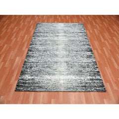 6'x9' Black, Wool and Pure Silk Hand Knotted, Striae Design Oriental Rug
