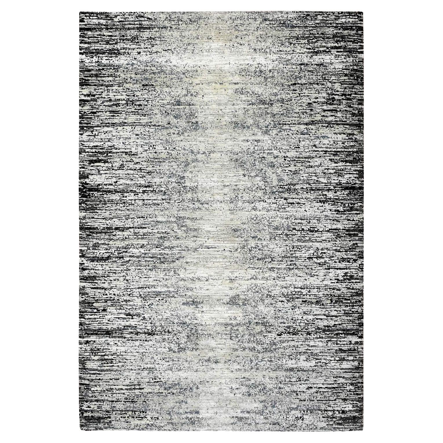 6'x9' Black, Wool and Pure Silk Hand Knotted, Striae Design Oriental Rug