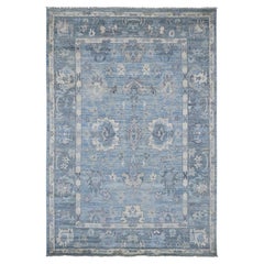 Alfombra Oriental de Lana Anudada a Mano con Diseño de Hojas de Angora Oushak Afgana Azul 6'x9'