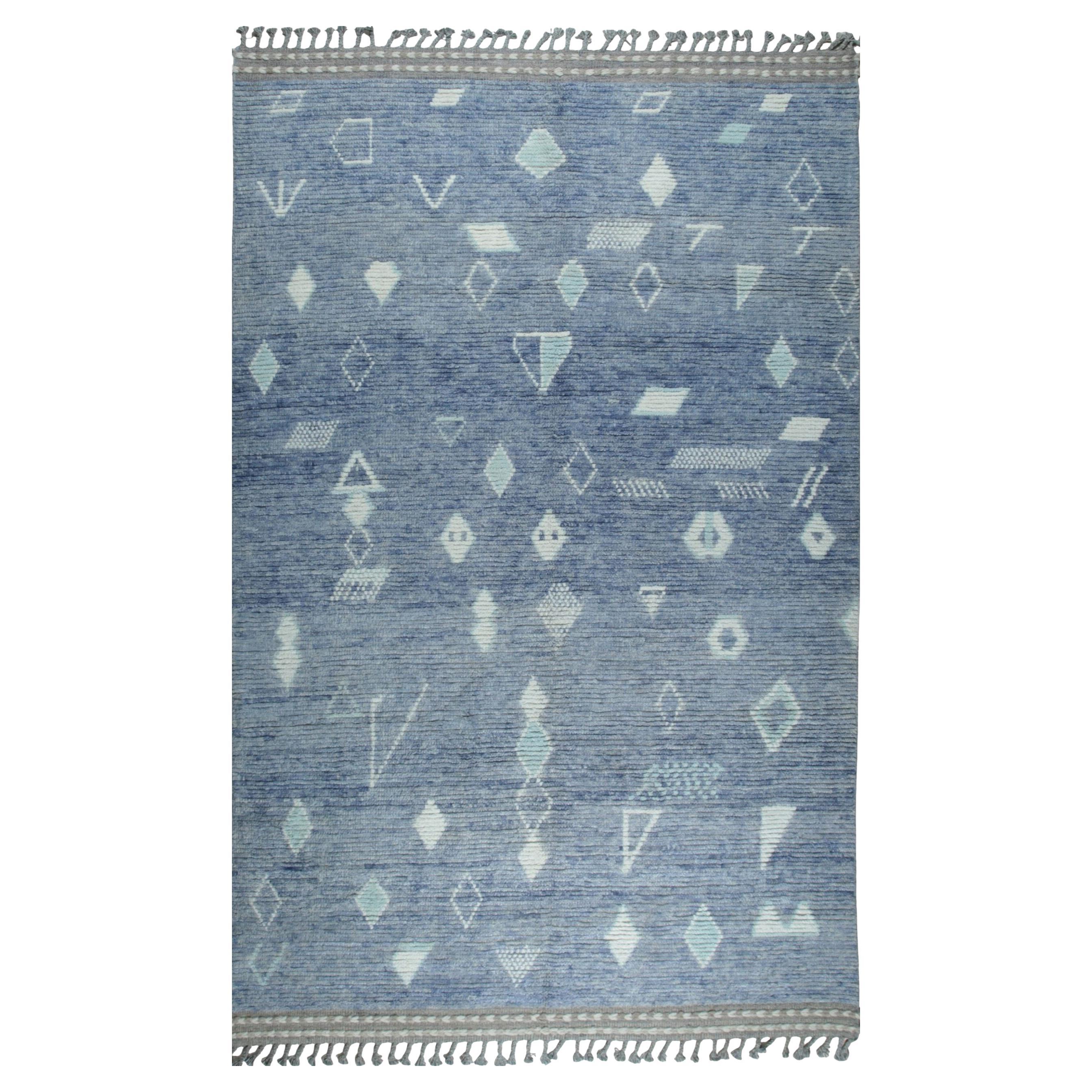6x9 Blue Hand-Knotted Wool Faded Denim Texture Tribal Modern Carpet Rug