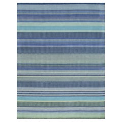 6x9 Blue Hand-Knotted Wool Striated Bands Geometric Modern Carpet Rug