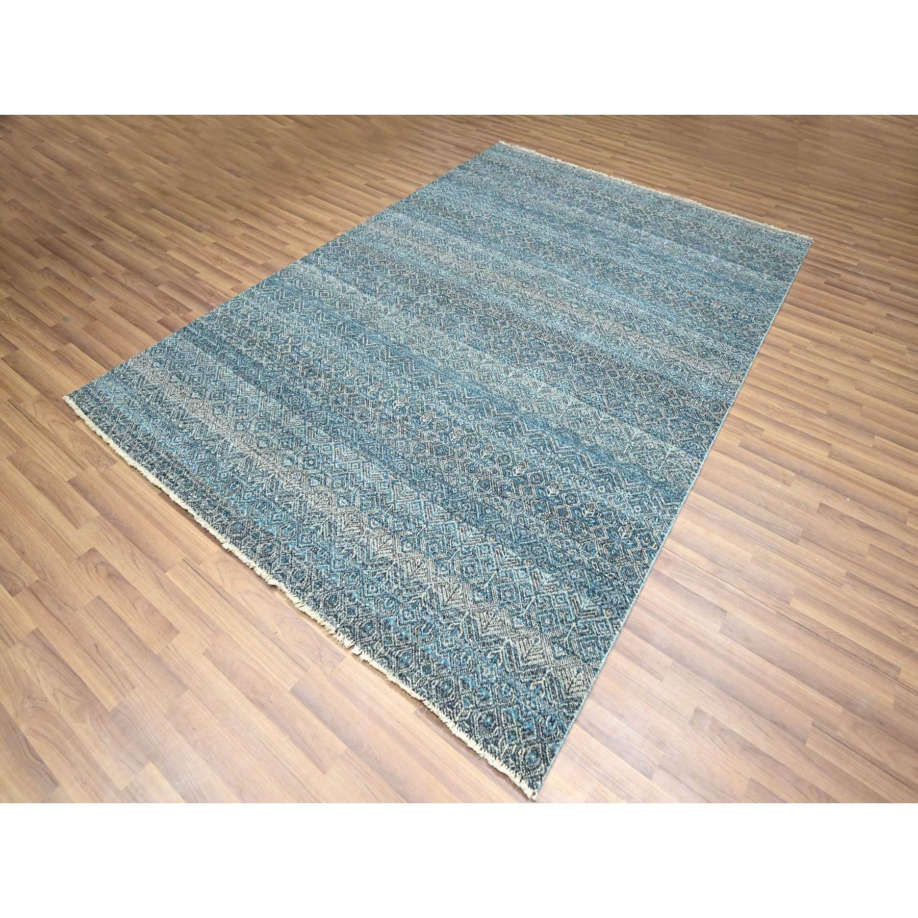 Modern 6'x9' Blue Kohinoor Herat Small Geometric Pattern Hand Knotted Soft Wool Rug For Sale