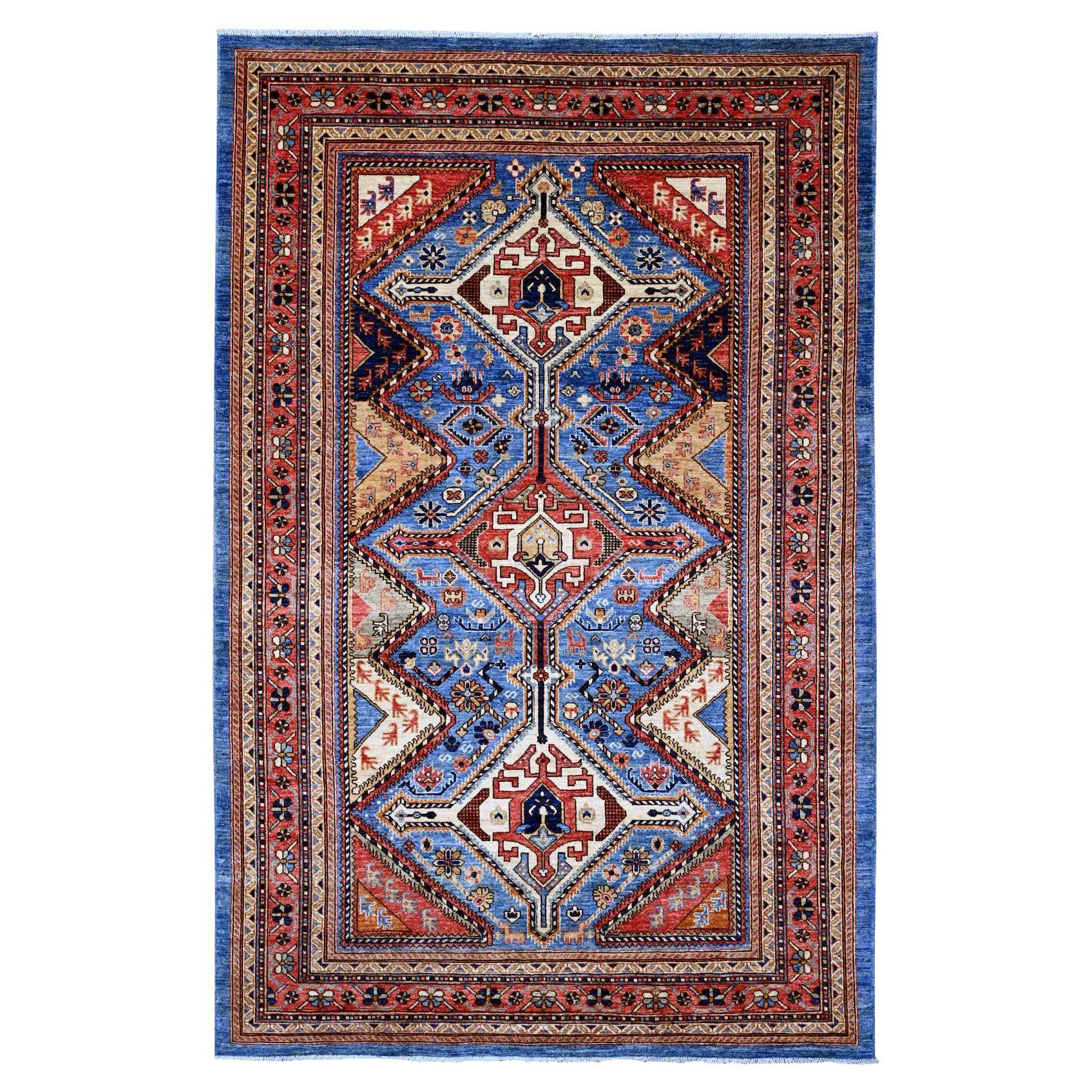 6'x9' Blue Qashqai Design with Geometric Pattern Hand Knotted Pure Wool Rug