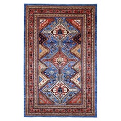 6'x9' Blue Qashqai Design/One avec motif géométrique Tapis en pure laine noué à la main