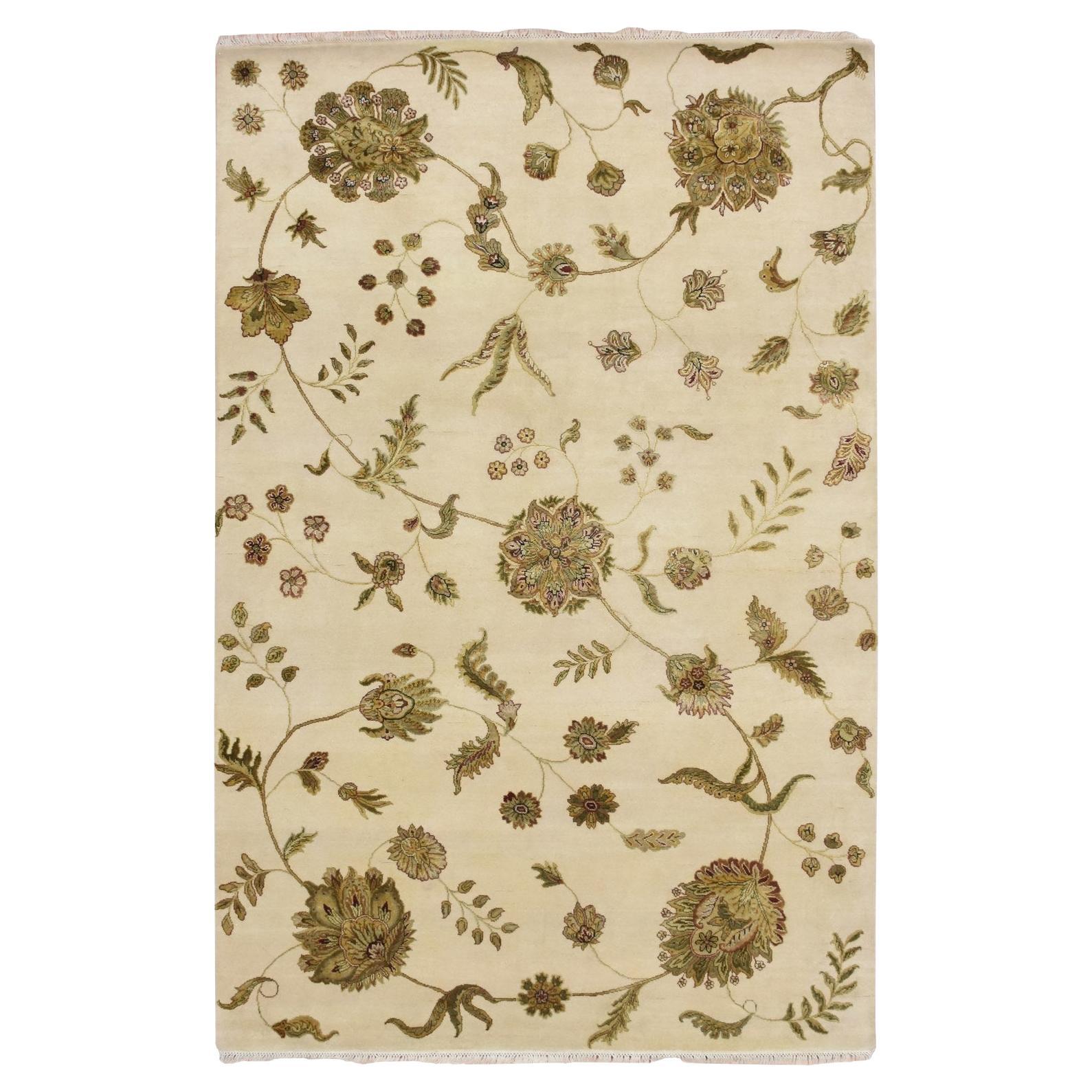 6'x9' Bone White Hand Knotted Botanical Design Wolle und Seide Orientteppich