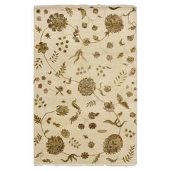 6'x9' Bone White Hand Knotted Botanical Design Wolle und Seide Orientteppich