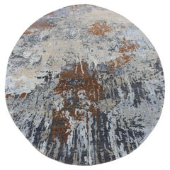 6'x9' Brown, Abstract Galaxy Design, Laine et soie, Tapis rond noué à la main