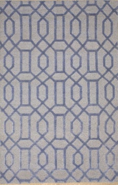6x9 Clásica Alfombra Geométrica Azul Anudada a Mano de Lana y Viscosa con Enrejado Entrelazado