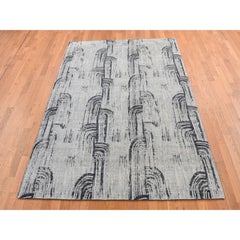 6'x9' Cloud Gray, THE CANE, Pure Silk with Textured Wool, Hand Knotted, Rug