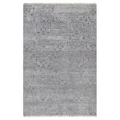 6'x9' Drizzle Gray Damask Design Hand Knotted Wool and Silk Oriental Rug